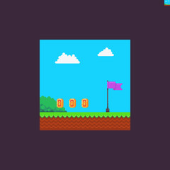 Pixel art videogame scene with red finish flag, coins, bush, clouds, grass and soil - 428461805