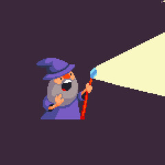 Pixel art wizard casting spel with light emitting out of his magic staff