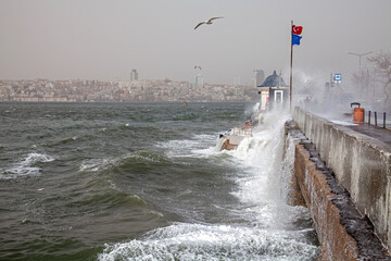 southwest wind storm with waves in Istanbul,Turkey