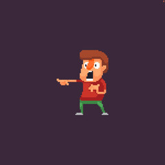 Pixel art male surprized and scared character with his hand outstreched and finger pointing on something afar