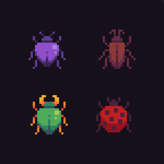 Obraz na płótnie Canvas Four tiny pixel art bugs with different color and shape