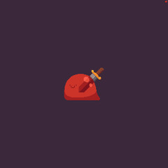 Pixel art red slime jelly character with sword stuck in it