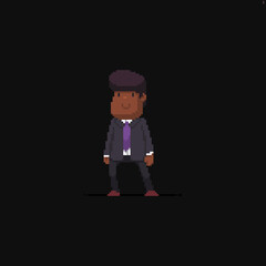 Pixel art cheerful african american male character in office suit, isolated on dark background - 428462003