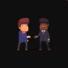 Two cheerful pixel art male characters in office suits with different skin color ready to shake hands - 428462034