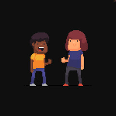 Two cheerful pixel art male characters in casual outfit with different skin color ready to shake hands