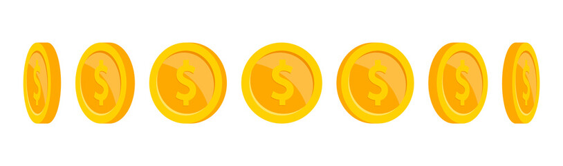 Gold coins animation. Coin rotation at different angles. Golden coins of different shapes. Falling or flying coin with dollar sign. Money jackpot, casino. Vector illustration.