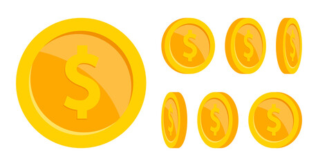 Gold coins animation. Coin rotation at different angles. Golden coins of different shapes. Falling or flying coin with dollar sign. Money jackpot, casino. Vector illustration.