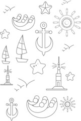 collection of the sea icons, starfish, anchors, lighthouse, waves.