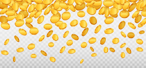 Coins falling from above. Flying gold coins. Money rain on transparent background. Casino jackpot. Vector illustration.