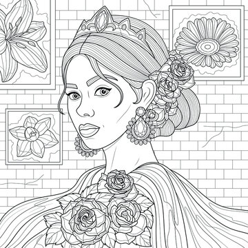 Girl with roses in her hair.Coloring book antistress for children and adults. Illustration isolated on white background.Zen-tangle style. Hand draw