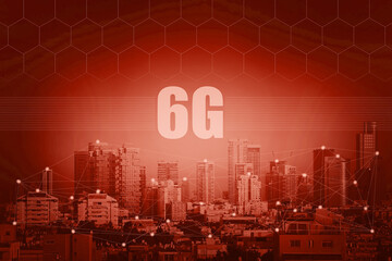 6G technology. Conceptual abstraction. Modern city and communication 6g network, smart city. Red tone city scape and network connection concept.