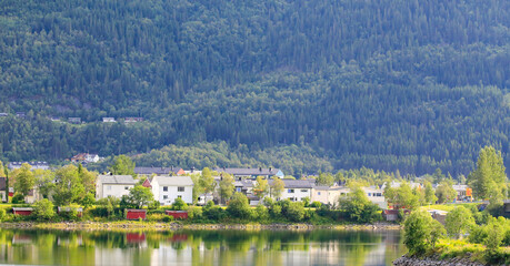 Part of Mosjøen town`s old buildings along the river Vefsna,Helgeland,Nordland county,Norway,scandinavia,Europe	