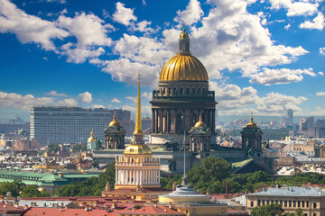 Naklejka premium Cathedrals of Saint Petersburg. Museums of Russia. Dome of St. Isaac's Cathedral on background sky. Excursions to Museums of Saint Petersburg. Tour of Rossis. Petersburg view from a quadrocopter.