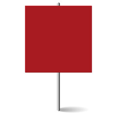 Red square Blank banner mock up on metal stick. Protest placard, public transparency with metal holder. Protest sign isolated on white background