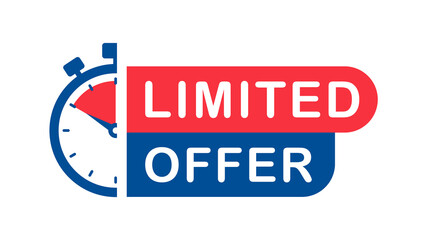 Limited offer banner with timer. Last offer label. Countdown of time for special offer. Promo sticker and stopwatch. Banner for sale promotion. Vector illustration.