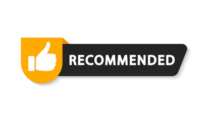 Recommend icon with thumbs up. Label recommended for quality control. Recommendation tag. Modern recommend badge. Vector illustration.
