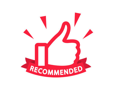 Recommend icon with thumbs up. Label recommended for quality control. Recommendation tag. Modern recommend badge. Vector illustration.
