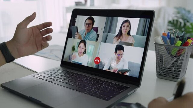 Close up screen laptop employee work from home using computer notebook videocall meeting conference angry annoy with low poor unreliable internet wifi connection problem issue outage.