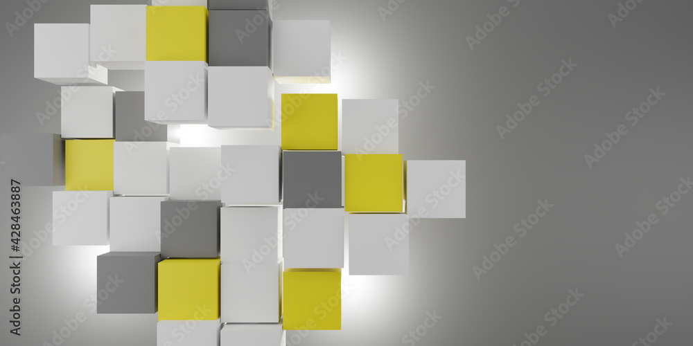 Wall mural 3d render square blocks of white, gray and yellow floating with light and shadow ,3d illustration