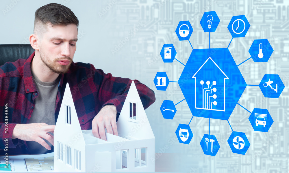 Poster it engineer thinks about smart home technology. it engineer next to a model of a house. smart home t