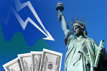 Fototapeta premium Decreased income of American citizens. Falling graph next to Statue of Liberty. It symbolizes a decrease in income of Americans. Decreased earnings of US residents. Declining America's Income