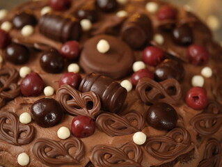 Birthday chocolate cake decorated with chocolates and cherries
