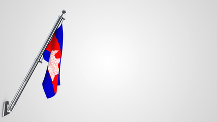 Cambodia 3D rendered waving flag illustration on a realistic metal flagpole. Isolated on white background with space on the right side.