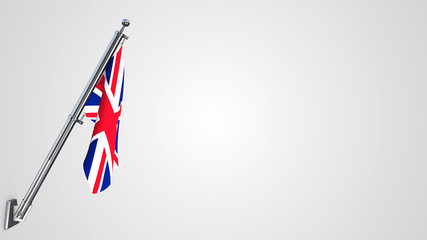United Kingdom 3D rendered waving flag illustration on a realistic metal flagpole. Isolated on white background with space on the right side.