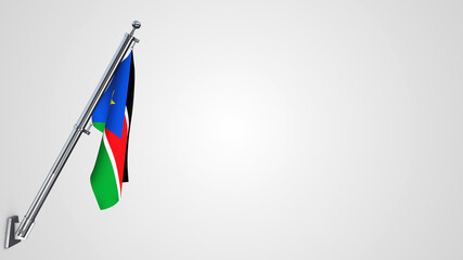 South Sudan 3D rendered waving flag illustration on a realistic metal flagpole. Isolated on white background with space on the right side.
