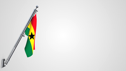 Ghana 3D rendered waving flag illustration on a realistic metal flagpole. Isolated on white background with space on the right side.