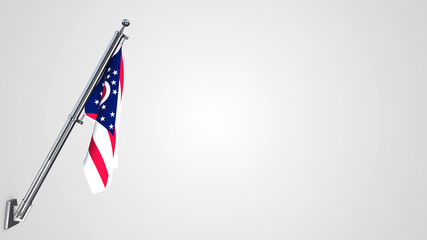 Ohio 3D rendered waving flag illustration on a realistic metal flagpole. Isolated on white background with space on the right side.