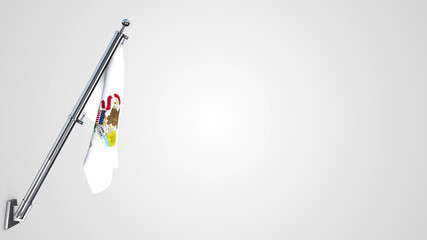 Illinois 3D rendered waving flag illustration on a realistic metal flagpole. Isolated on white background with space on the right side.