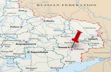 Map showing Donetsk, Ukraine with a Red Pin. 3D Rendering