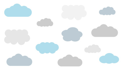Collection of blue clouds for web. Set of illustrations. White sky of weather. Vector bubble icons. Air forecast background with symbols. Summer forecast. Isolated cartoon elements and climate design