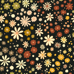 Flower field on black seamless vector pattern. Repeating dense liberty doodle flower meadow background. Scandinavian style line art florals. For fabric, wallpaper, texture