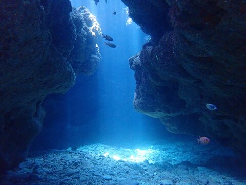 沖縄青の洞窟と射し込む夏の光
Okinawa's blue cave