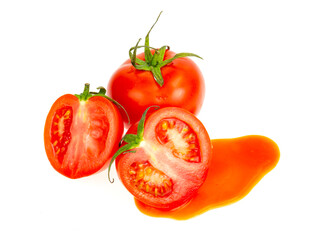 Blot of tomato juice and fresh red tomatoes isolated on white background.