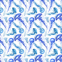 Seamless pattern of jellyfish. Colored watercolor illustration of medusa.  Draw for  tattoo design, creating fabrics, textile, decoupage, wallpapers, print, gift wrapping paper, invitations, textile.