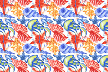 Marine background with seashells, starfishes and corals. Watercolor seamless pattern. Perfect for creating fabrics, textile, decoupage, wallpapers, print, gift wrapping paper, invitations, textile.