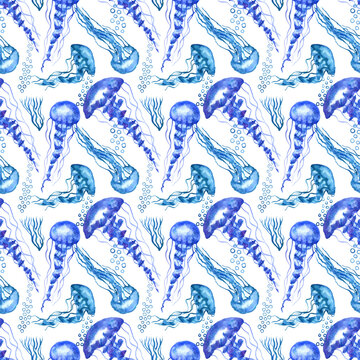 Seamless pattern of jellyfish. Colored watercolor illustration of medusa.  Draw for  tattoo design, creating fabrics, textile, decoupage, wallpapers, print, gift wrapping paper, invitations, textile.