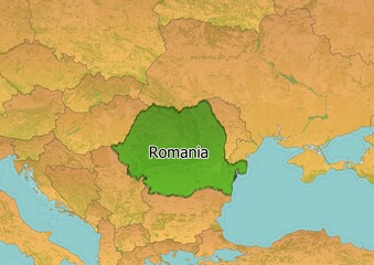 Romania map showing country highlighted in green color with rest of European countries in brown