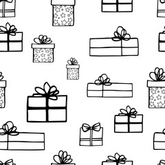 seamless pattern black and white graphics set of gift boxes for packaging design, digital paper, cards, gifts, holiday, celebration