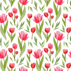 spring watercolor seamless pattern with tulip flowers and leaves.  hand drawn illustration.  for wallpaper design, scrapbooking, wrapping paper and cards, flower shop, digital paper
