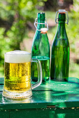 Lager beer in garden. Feast in the garden.