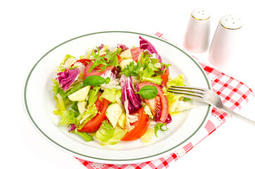 Plate with lettuce, tomatoes, olive oil. Vegetarian menu.