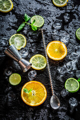 Drink for summer heat. Bartender accessories to make a drink