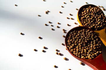 Organic raw green lentil over wooden tray and sackcloth, studio image
