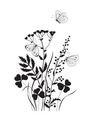 Monochrome Composition with  Butterflies and Wildflowers