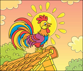 Colorful rooster singing on a tile roof of an old village house on a warm summer morning, vector cartoon illustration