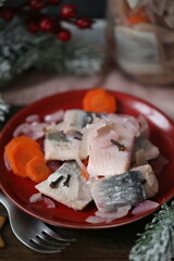 Traditional Swedish pickled herring in a spicy marinade